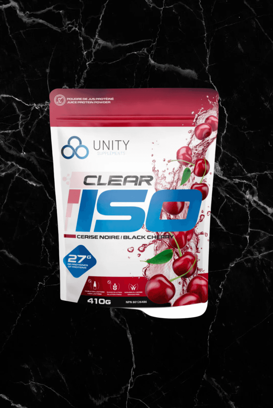 Unity Supplements Clear Isolate Black Cherry 410g protein juice with 27g whey isolate per serving. Keto-friendly and gluten-free recovery drink.