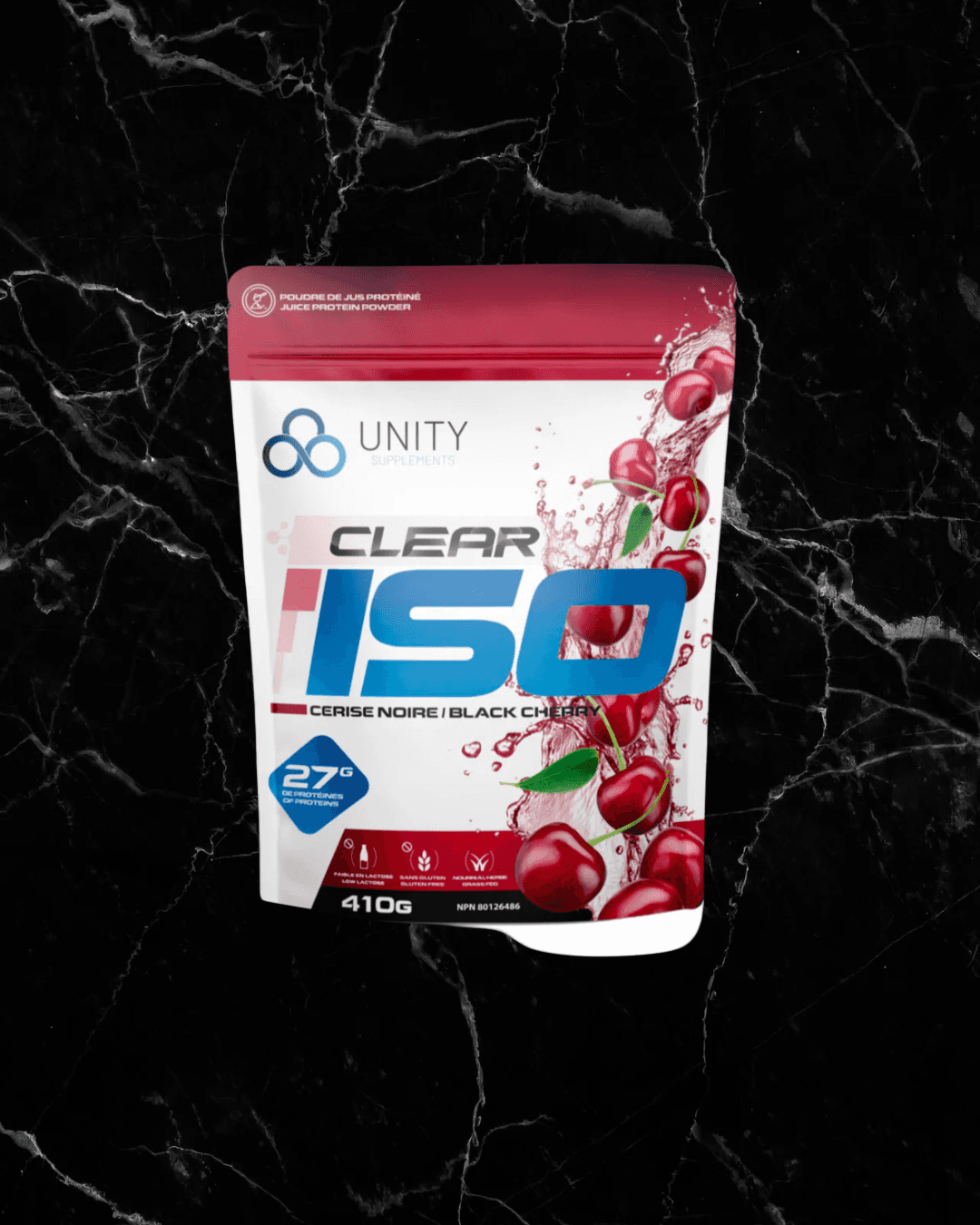 Unity Supplements Clear Isolate Black Cherry 410g protein juice with 27g whey isolate per serving. Keto-friendly and gluten-free recovery drink.