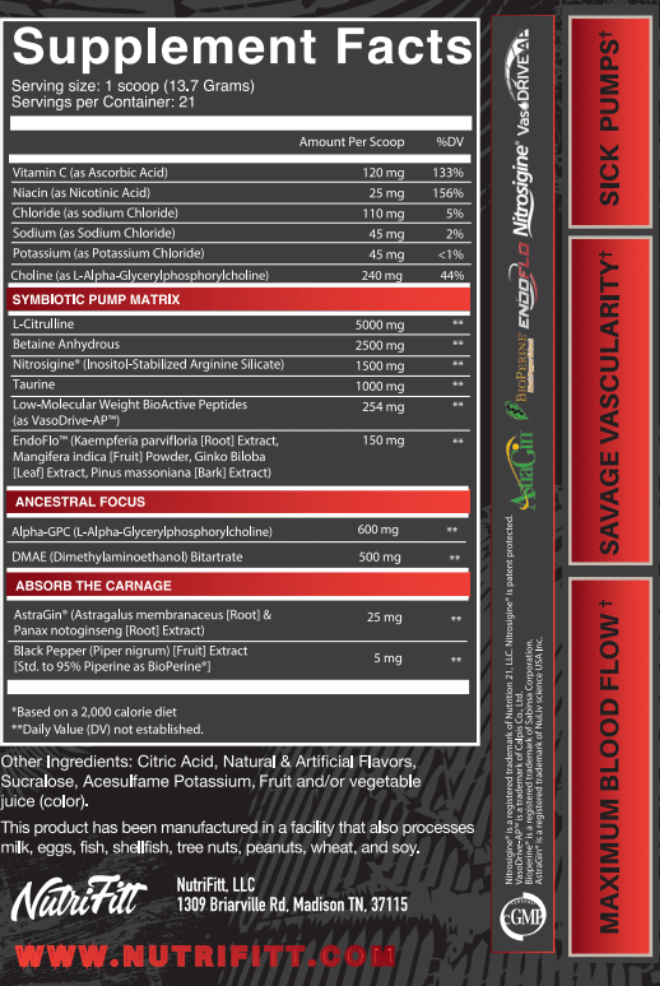 Supplement facts label for Nutrifitt Pump Carnage Non-Stim Formula, detailing ingredients like Citrulline and Betaine for pump enhancement.
