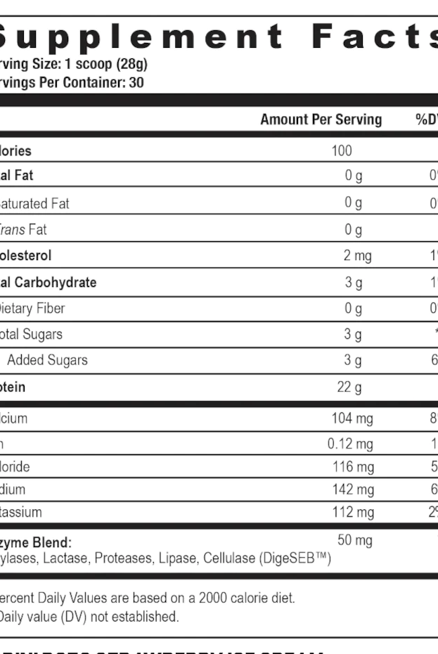 Farm Fed Protein - Pure Isolate Powerhouse supplement facts label showing 25g protein, 100 calories, low carbs, and DigeSEB® enzyme blend per serving.