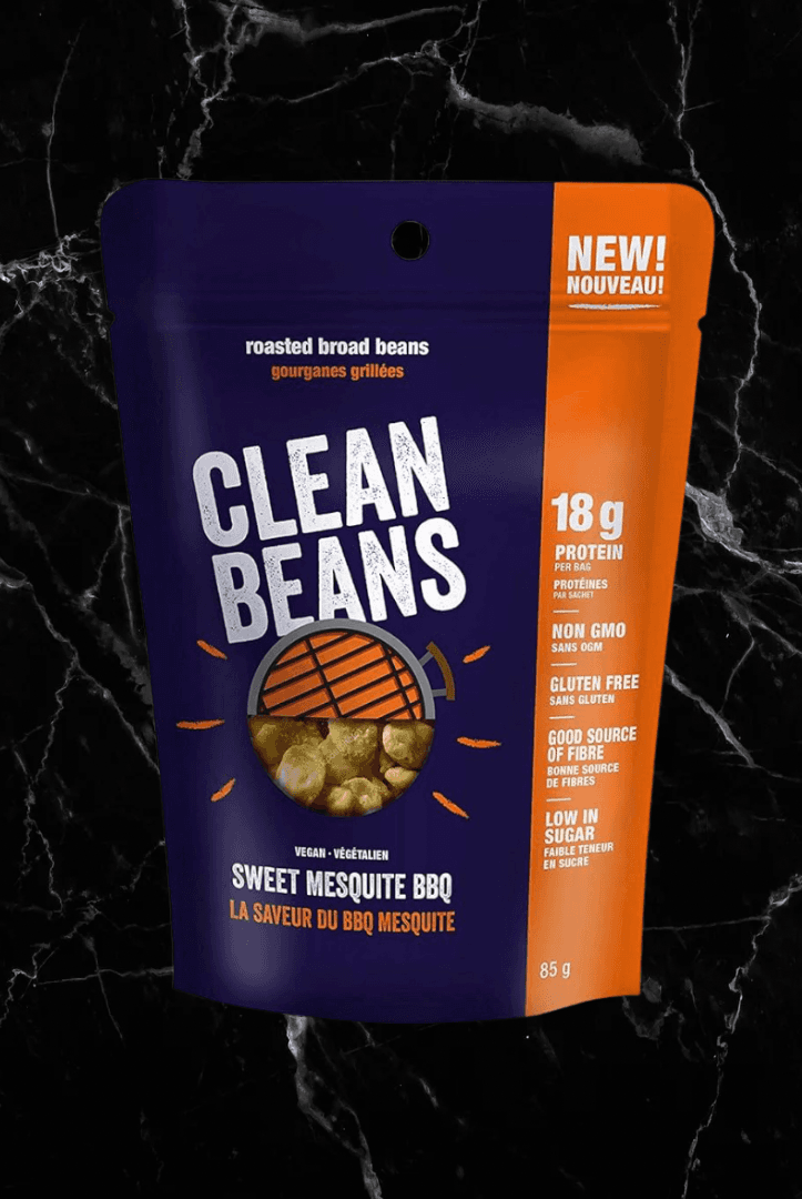 Clean Beans Sweet Mesquite BBQ high protein snack with 18g protein per bag. Vegan roasted broad beans ideal for fitness and muscle growth.