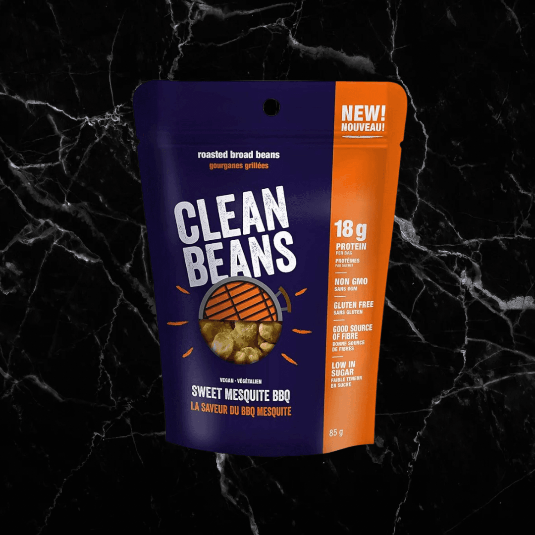 Clean Beans Sweet Mesquite BBQ high protein snack with 18g protein per bag. Vegan roasted broad beans ideal for fitness and muscle growth.