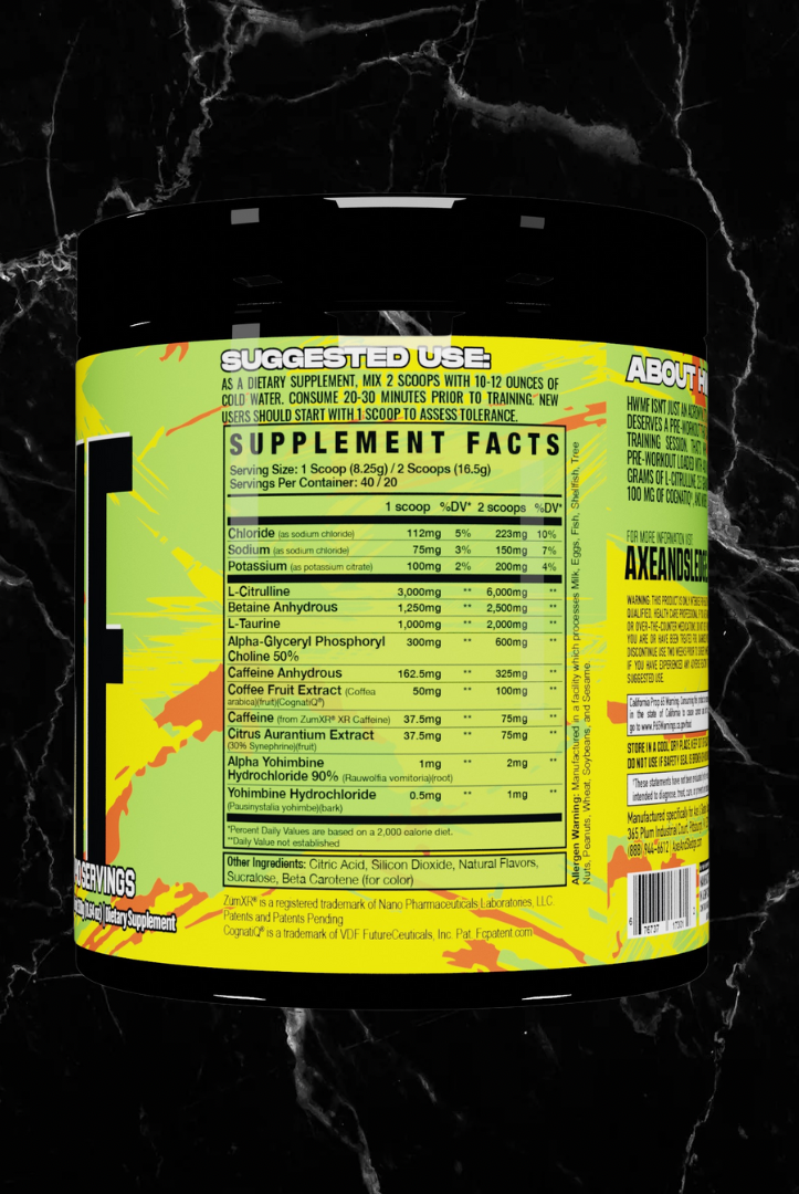 Supplement facts panel of Axe & Sledge HWMF Sour Citrus Punch Pre Workout detailing high stim ingredients like caffeine and L-Citrulline for energy.