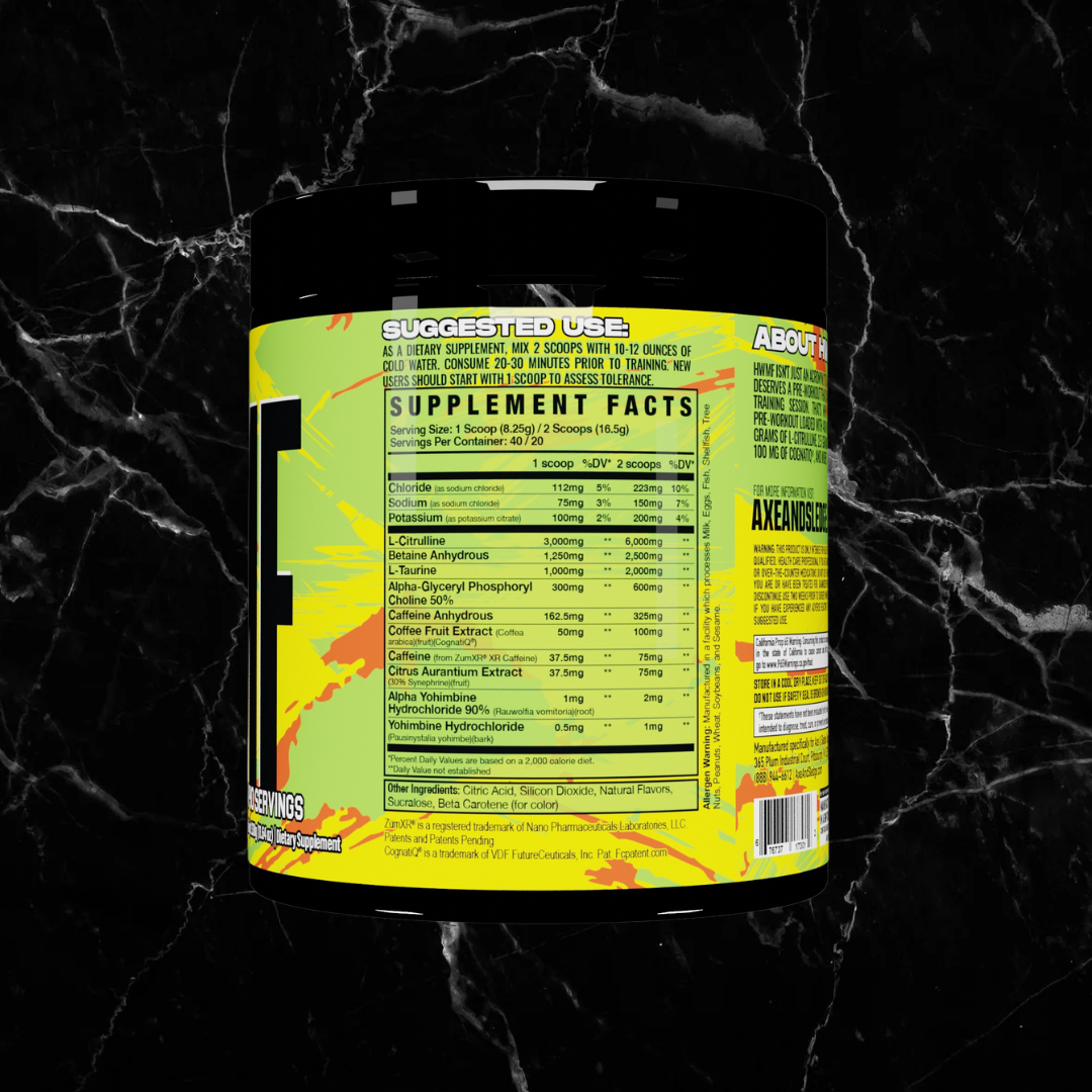 Supplement facts panel of Axe & Sledge HWMF Sour Citrus Punch Pre Workout detailing high stim ingredients like caffeine and L-Citrulline for energy.