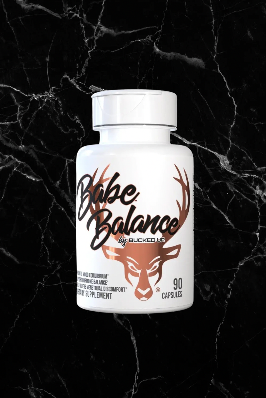 Babe Balance by BUCKED UP hormone balance supplements for women in a 90-capsule bottle, designed to support mood, energy, and hormonal health.