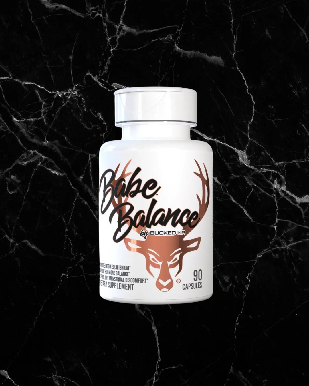 Babe Balance by BUCKED UP hormone balance supplements for women in a 90-capsule bottle, designed to support mood, energy, and hormonal health.
