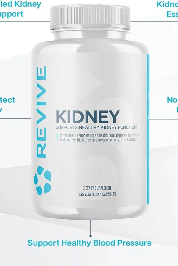 Revive Kidney Supplement bottle with benefit highlights. Supports detox, blood pressure, and kidney nourishment with natural ingredients.