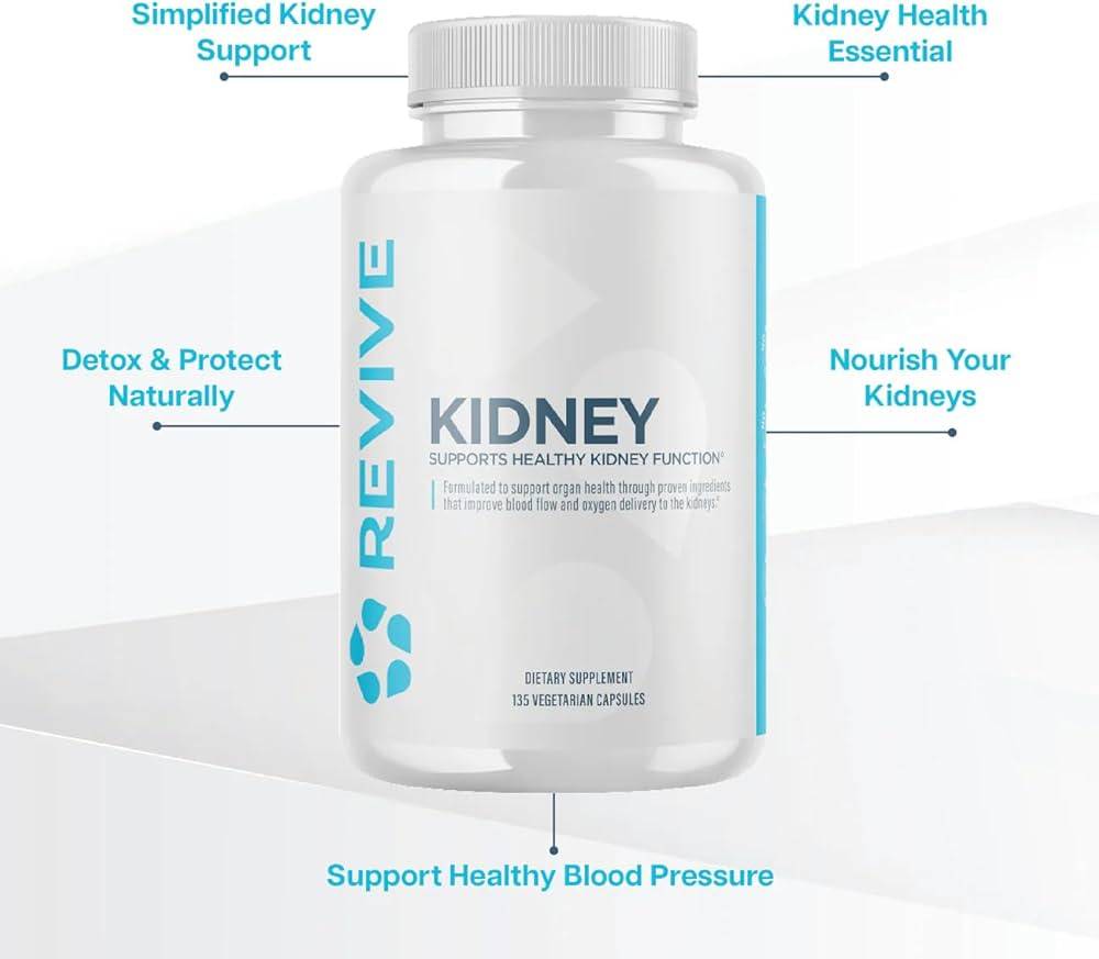 Revive Kidney Supplement bottle with benefit highlights. Supports detox, blood pressure, and kidney nourishment with natural ingredients.