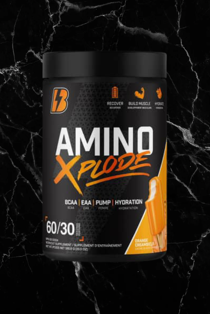 Amino Xplode Orange Creamsicle flavor supplement with EAAs, BCAAs, and hydration matrix for enhanced muscle support and recovery.