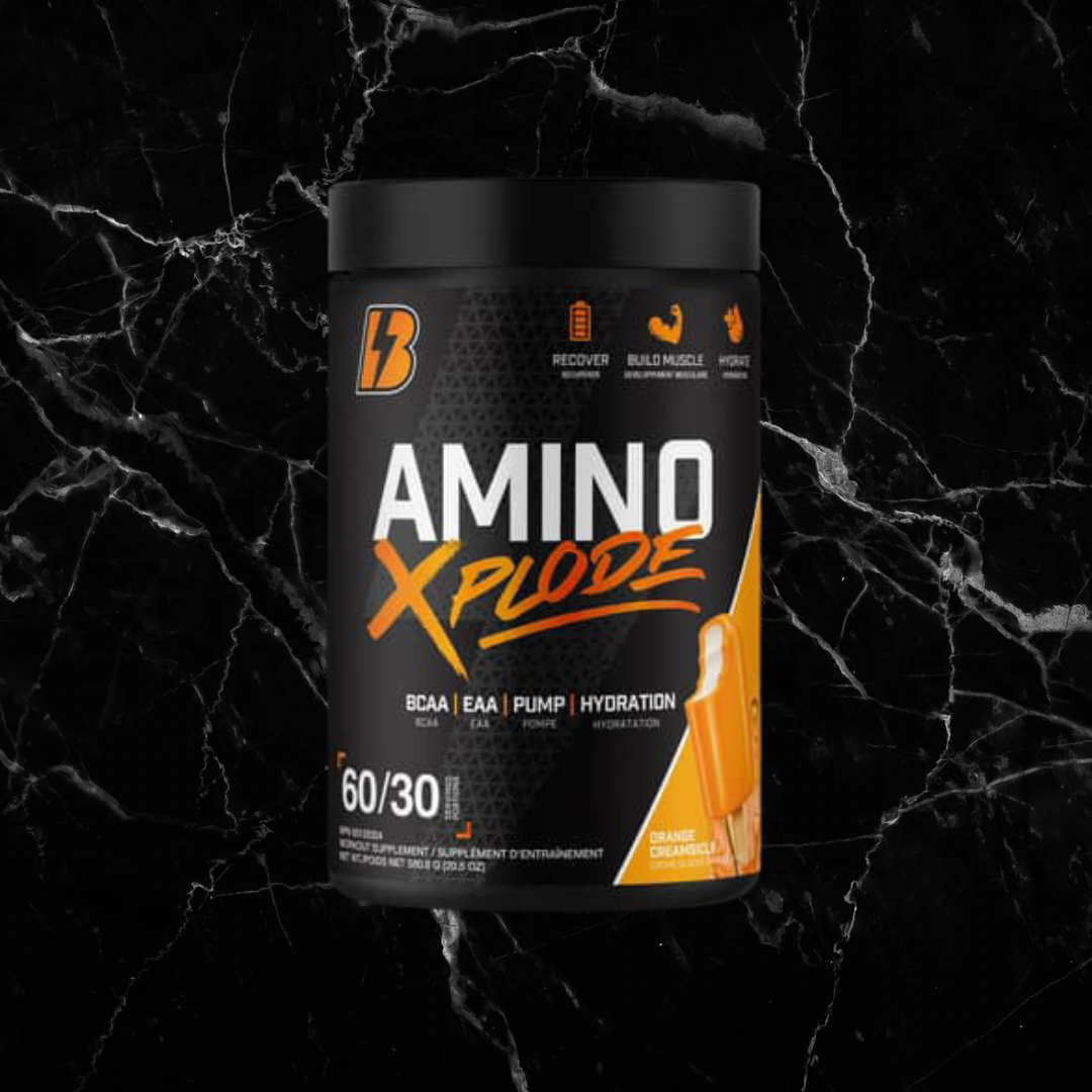 Amino Xplode Orange Creamsicle flavor supplement with EAAs, BCAAs, and hydration matrix for enhanced muscle support and recovery.