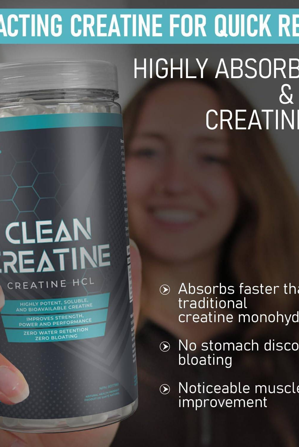 Woman holding VNDL Creatine HCL bottle, highlighting its fast absorption, zero bloating, and noticeable muscle strength benefits for fitness performance.
