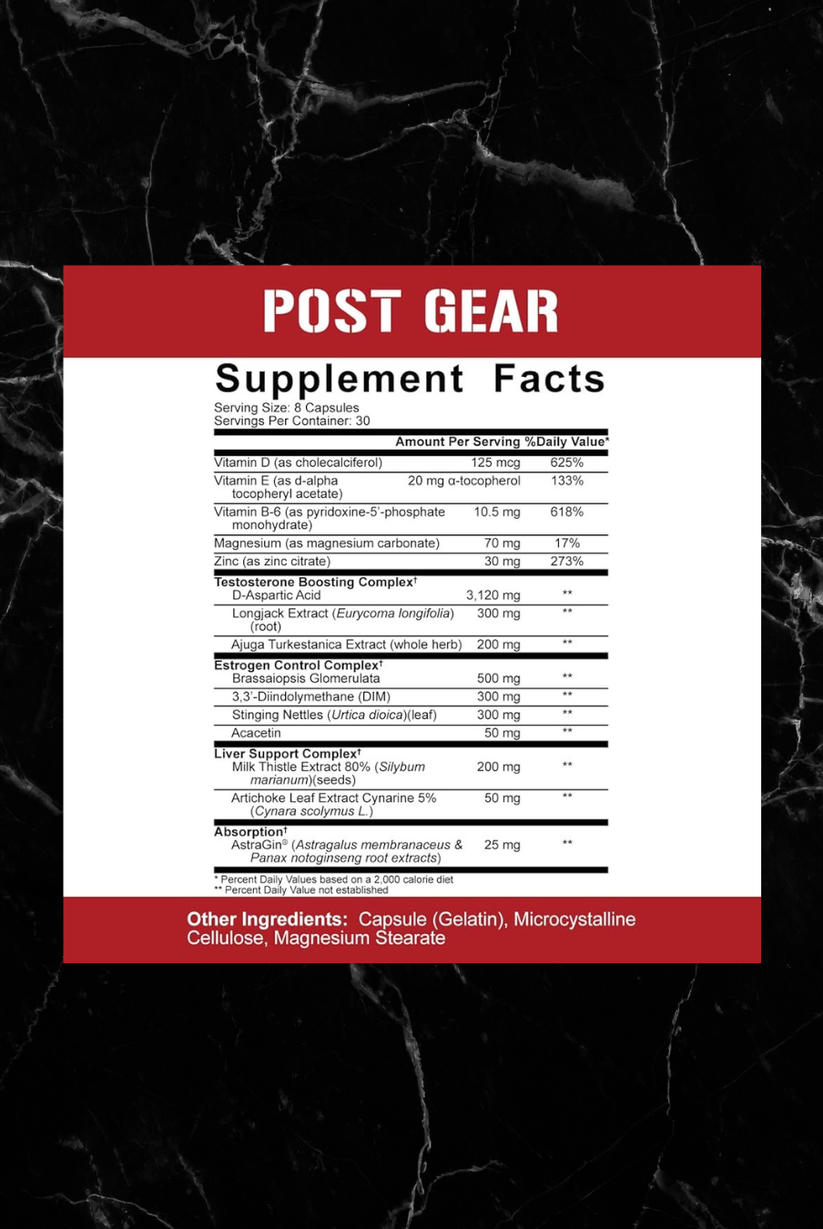 Supplement facts label for 5% Post Gear PCT showing ingredients like D-Aspartic Acid, DIM, and Milk Thistle for hormone and liver support.