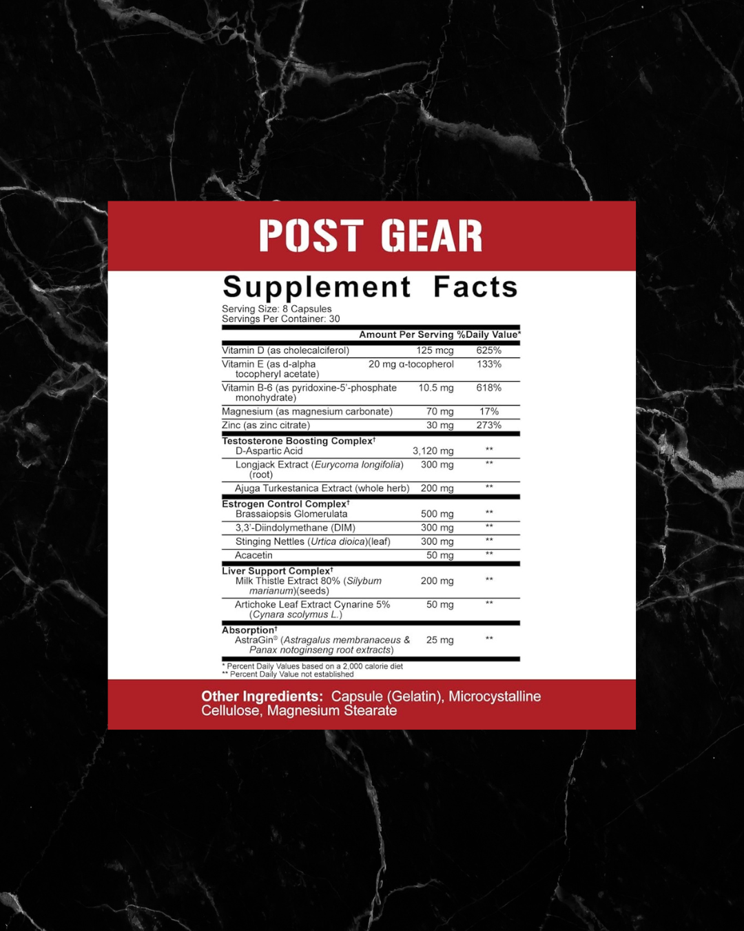Supplement facts label for 5% Post Gear PCT showing ingredients like D-Aspartic Acid, DIM, and Milk Thistle for hormone and liver support.
