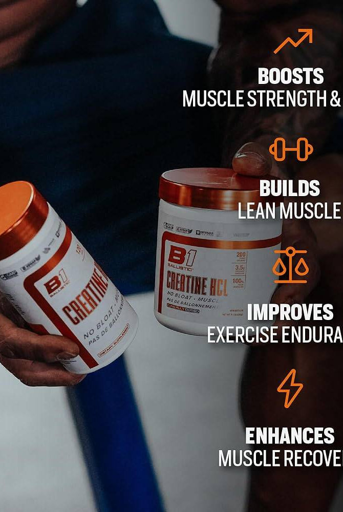 Man holding Ballistic Creatine HCL with infographic highlighting benefits like muscle strength, lean muscle, endurance, and recovery.