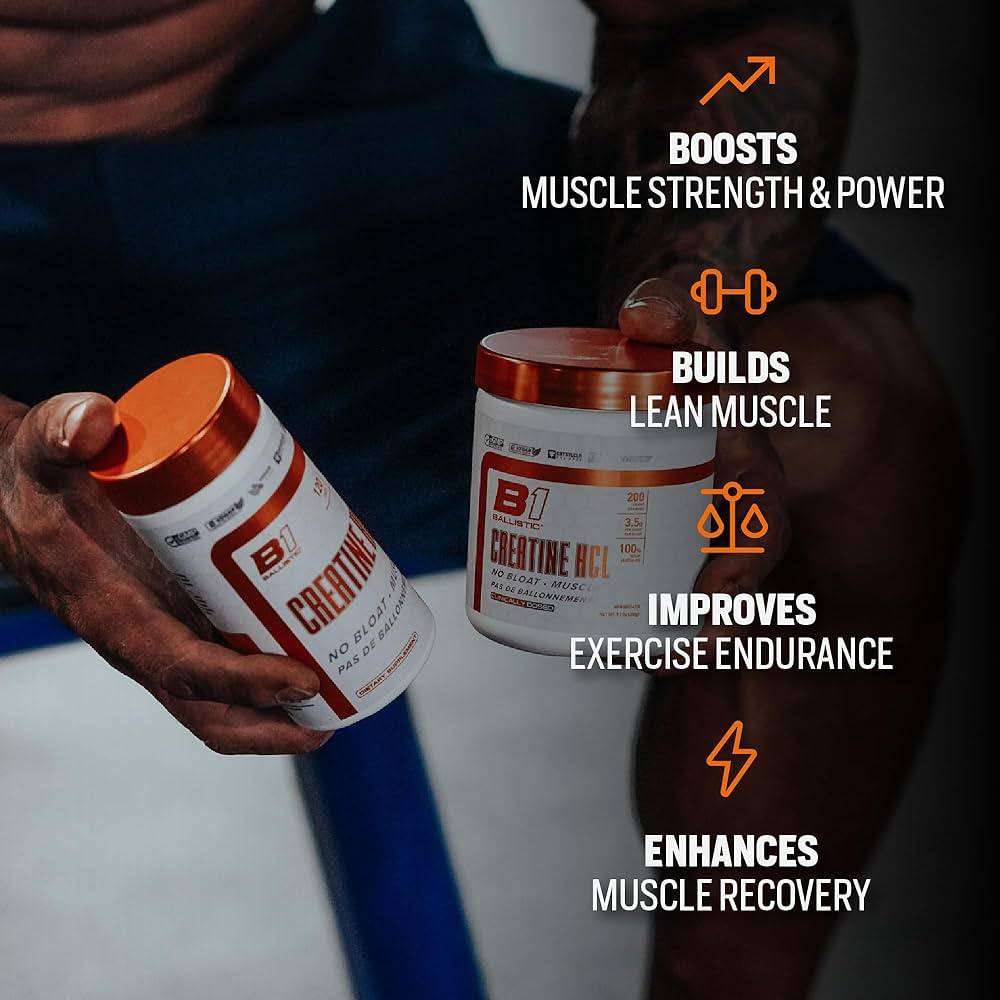 Man holding Ballistic Creatine HCL with infographic highlighting benefits like muscle strength, lean muscle, endurance, and recovery.