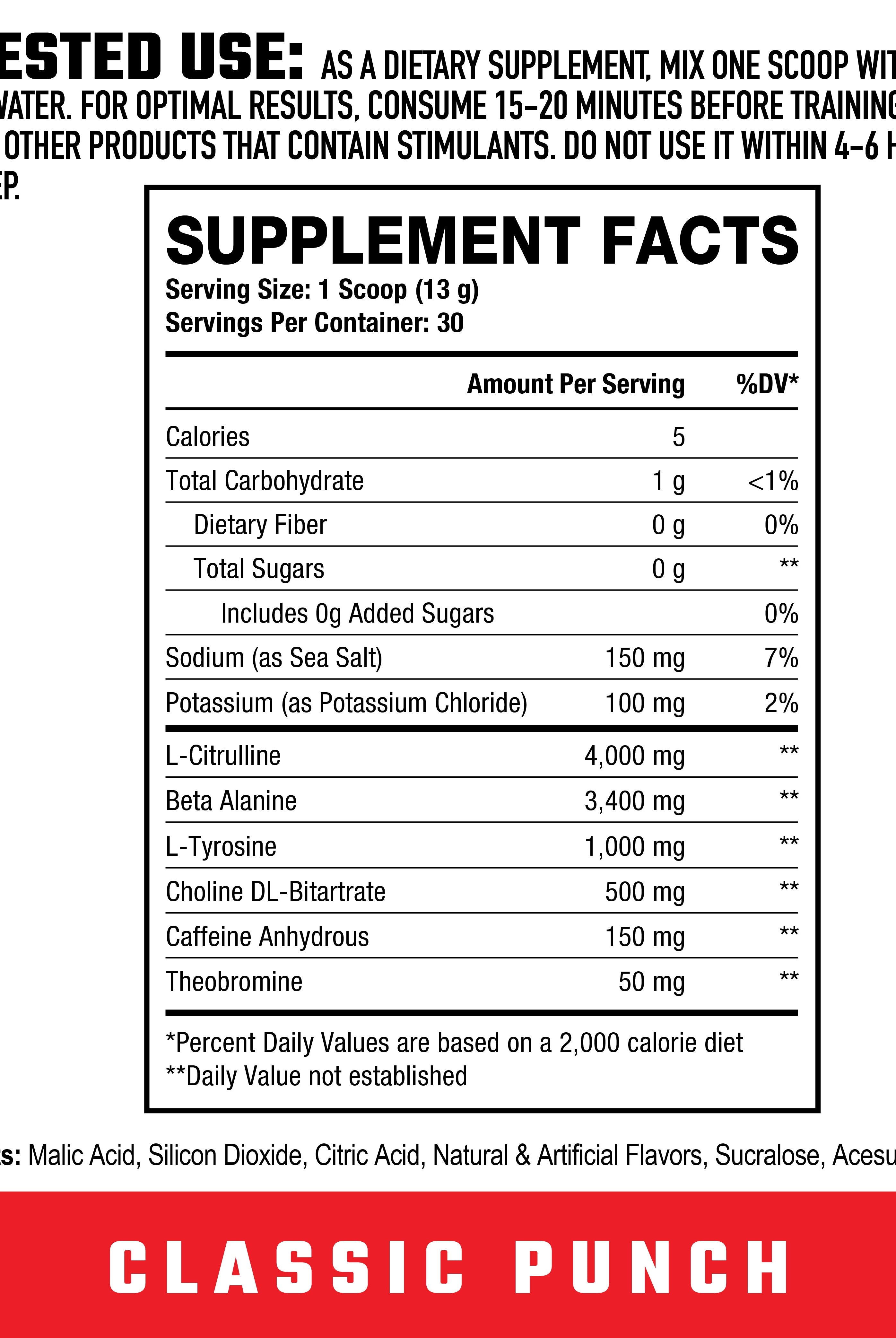 Supplement facts and usage guide for Axe & Sledge Ignition Switch Pre-Workout Classic Punch, listing active ingredients and daily serving size.