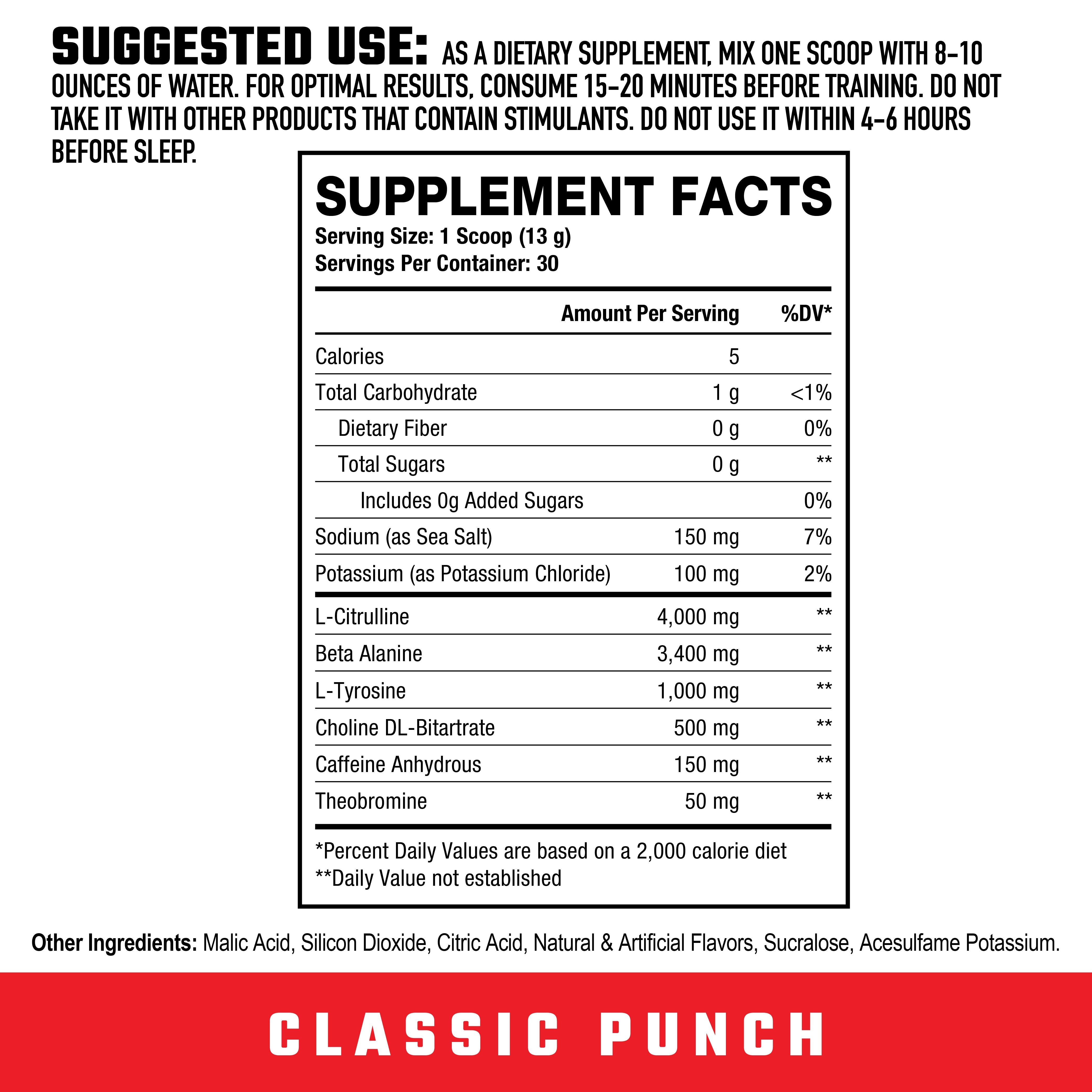 Supplement facts and usage guide for Axe & Sledge Ignition Switch Pre-Workout Classic Punch, listing active ingredients and daily serving size.