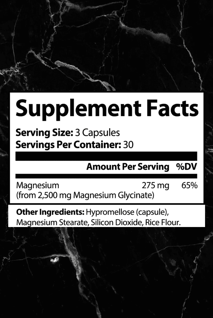 Supplement Facts label for Magnesium Glycinate 275mg, showing dosage, ingredients, and 65% daily value per 3-capsule serving.