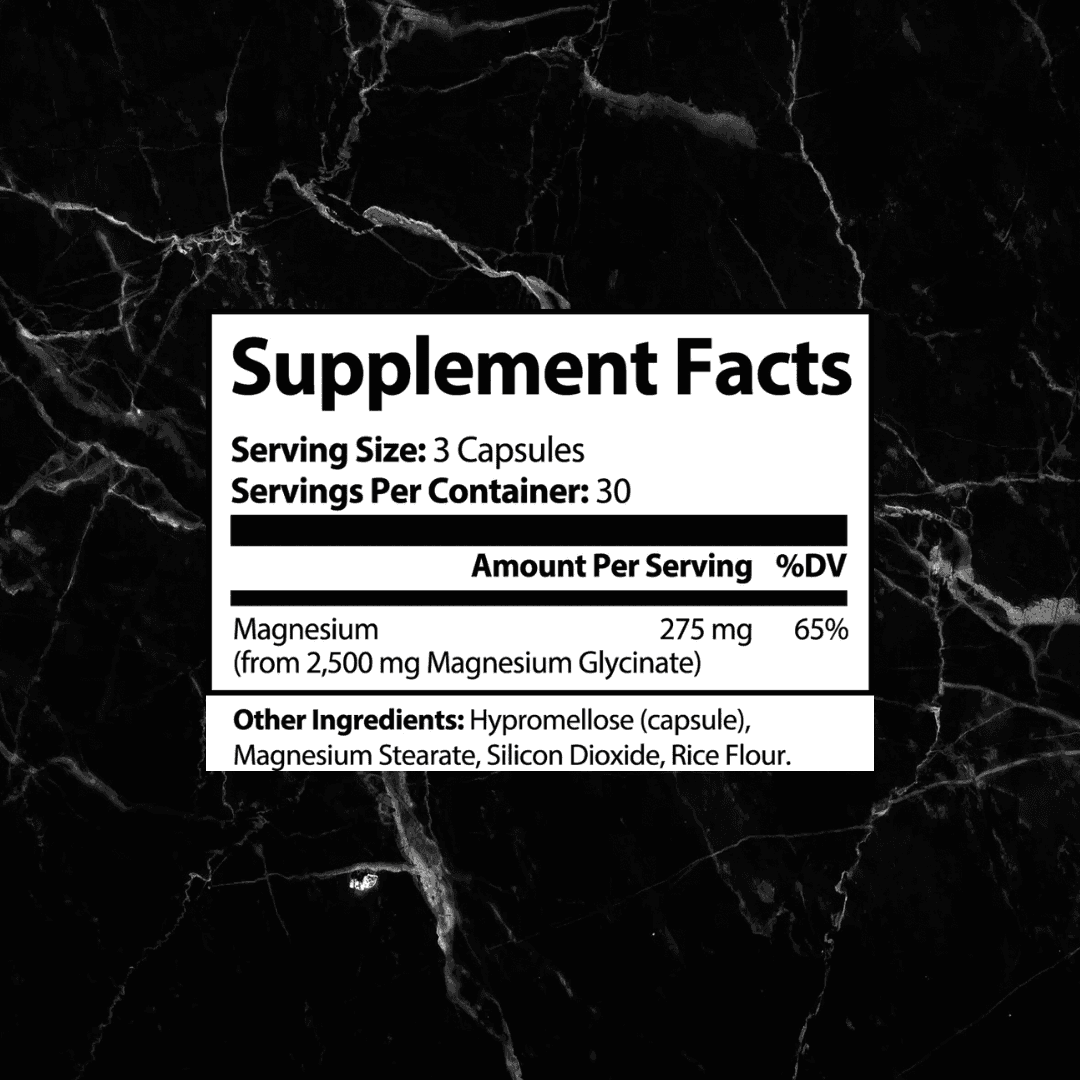 Supplement Facts label for Magnesium Glycinate 275mg, showing dosage, ingredients, and 65% daily value per 3-capsule serving.