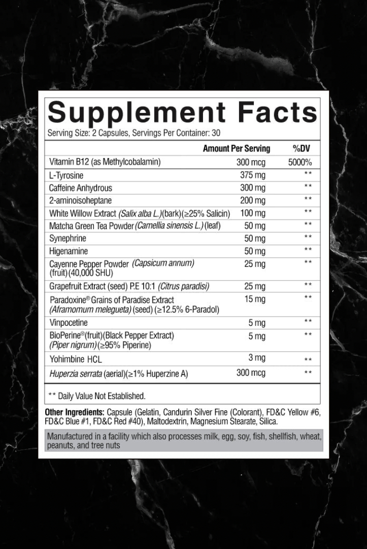Supplement Facts label of CONDEMNED LABZ ARSYNIST listing ingredients like caffeine, green tea extract, and yohimbine for fat metabolism.