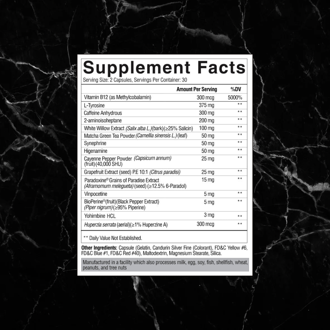 Supplement Facts label of CONDEMNED LABZ ARSYNIST listing ingredients like caffeine, green tea extract, and yohimbine for fat metabolism.