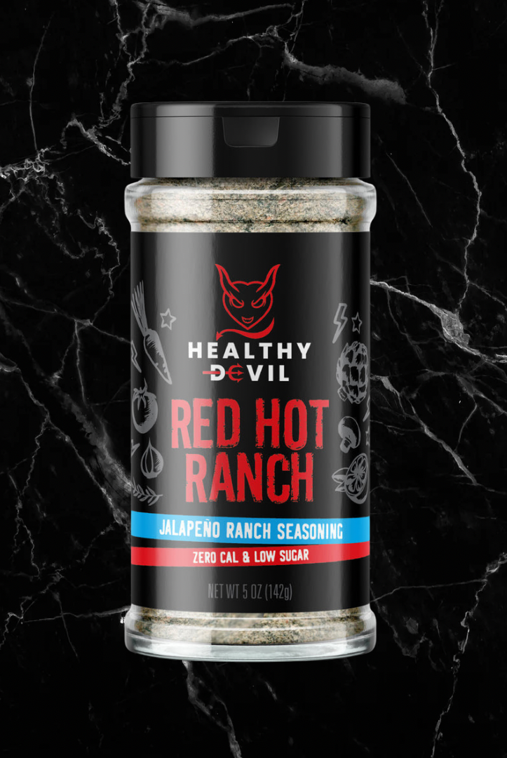 RED HOT RANCH Jalapeno Ranch Seasoning by Healthy Devil in a 5 oz bottle, offering a spicy flavor boost with zero calories and low sugar.