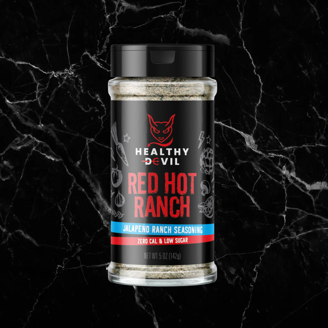 RED HOT RANCH Jalapeno Ranch Seasoning by Healthy Devil in a 5 oz bottle, offering a spicy flavor boost with zero calories and low sugar.