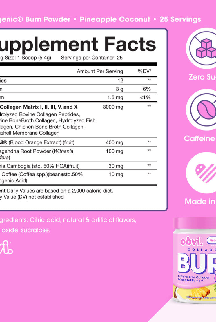 Supplement facts for Obvi Collagenic Burn Powder Pineapple Coconut flavor, listing multi-collagen matrix, Morosil, and herbal fat-burning ingredients.