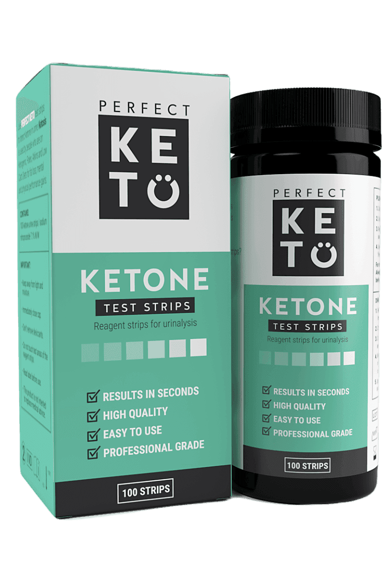 Perfect Keto Ketone Test Strips with box packaging. Fast and professional-grade keto test strips for tracking ketosis results.