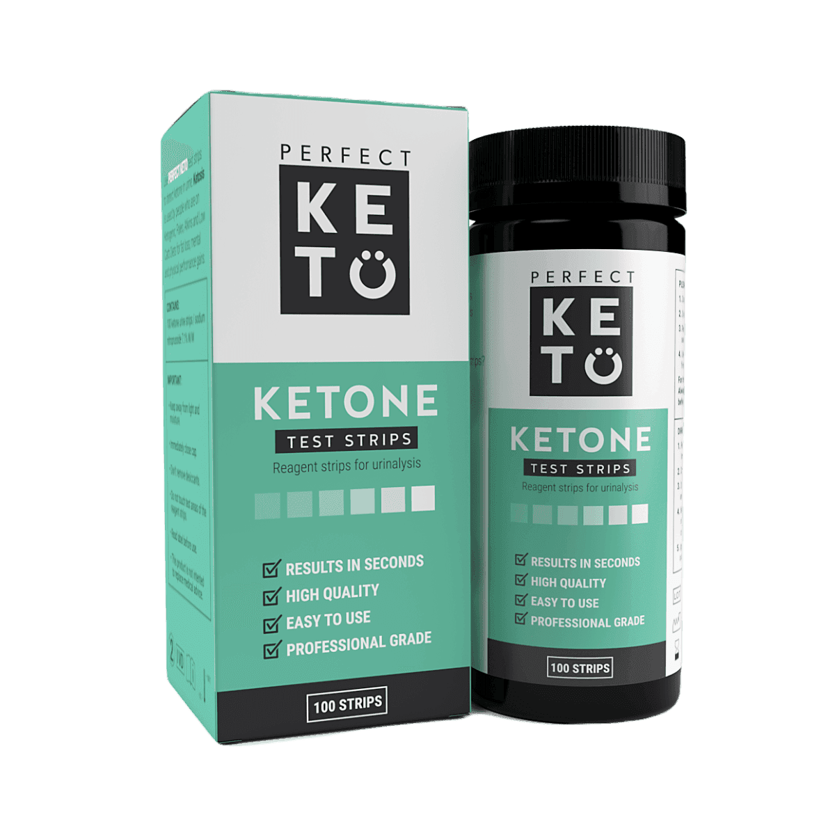 Perfect Keto Ketone Test Strips with box packaging. Fast and professional-grade keto test strips for tracking ketosis results.