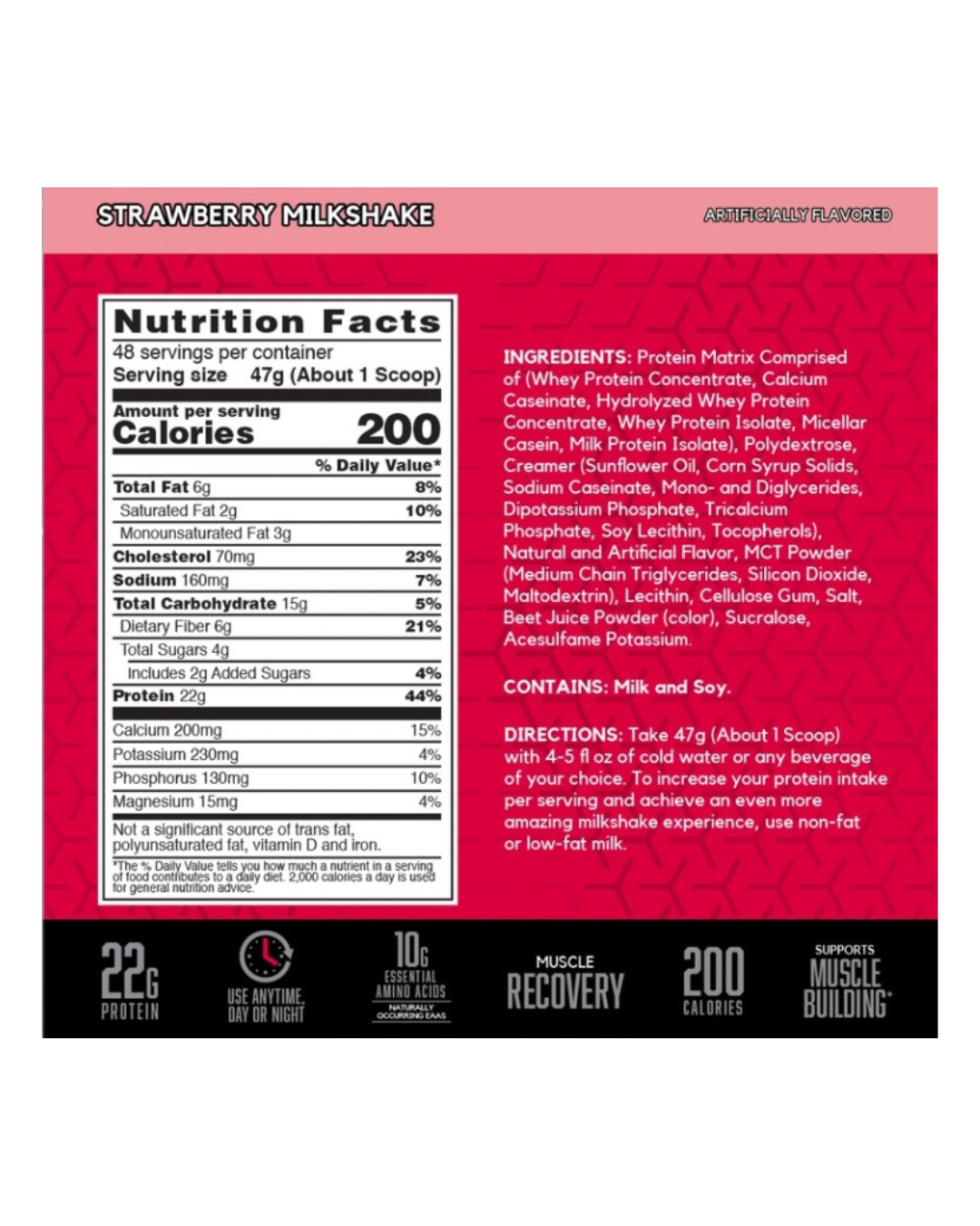 BSN SYNTHA-6 Strawberry Milkshake nutrition label showing 200 calories, 22g protein, and ingredients for muscle recovery and low-sugar fitness support.