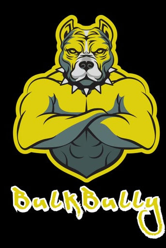 BulkBully Supplements logo with a muscular bulldog illustration and bold yellow text, representing strength and fitness branding.