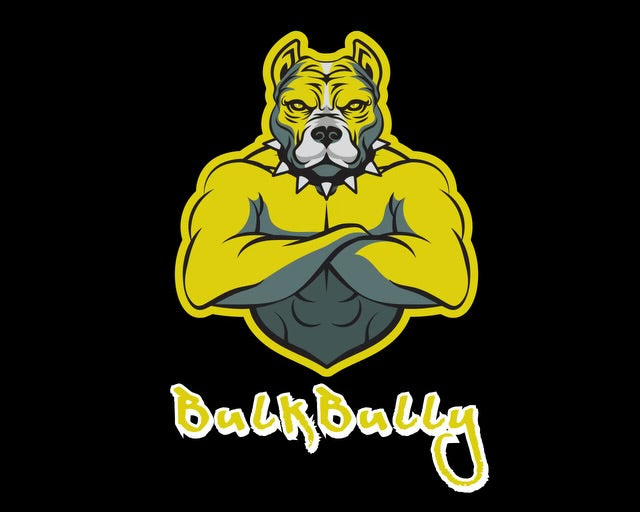 BulkBully Supplements logo with a muscular bulldog illustration and bold yellow text, representing strength and fitness branding.