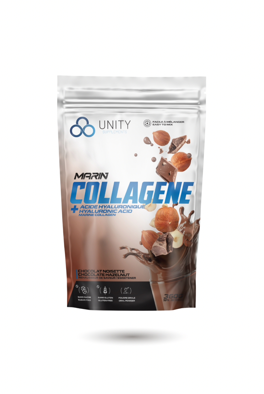 Marine Chocolate Collagen with hyaluronic acid for skin health and joint care. 360g supplement in hazelnut chocolate flavor by Unity Supplements.