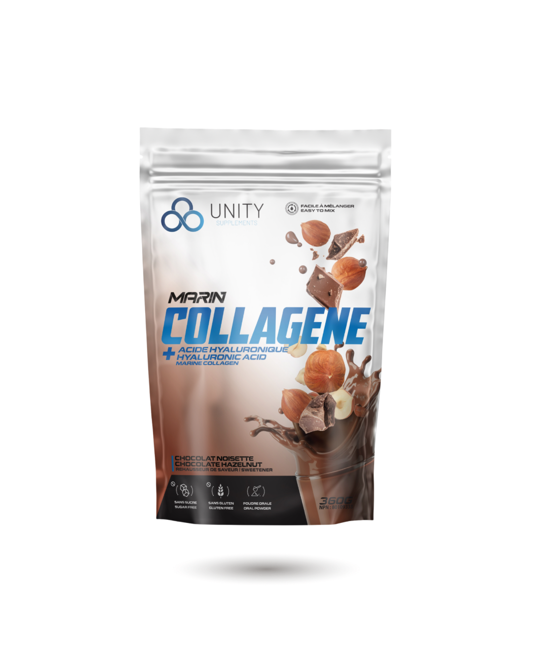 Marine Chocolate Collagen with hyaluronic acid for skin health and joint care. 360g supplement in hazelnut chocolate flavor by Unity Supplements.
