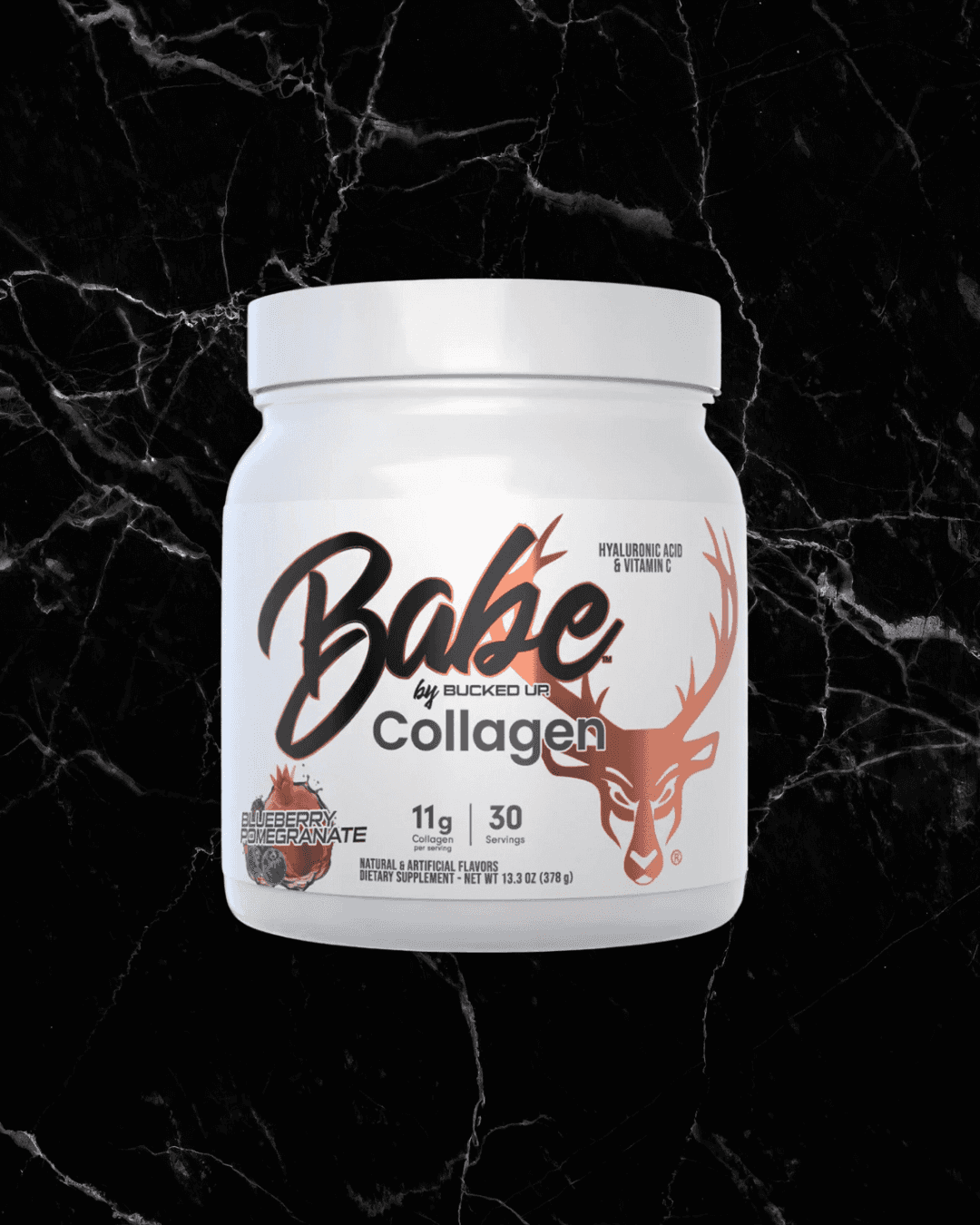 Babe Collagen Powder Blueberry Pomegranate flavor with 11g collagen per serving, designed for hair and skin support in a 30-serving container.