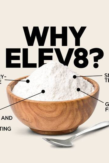 Wooden bowl of ELEV8 Creamy Rice powder with text highlighting gluten-free, dairy-free, smooth texture, and easy digestion benefits.