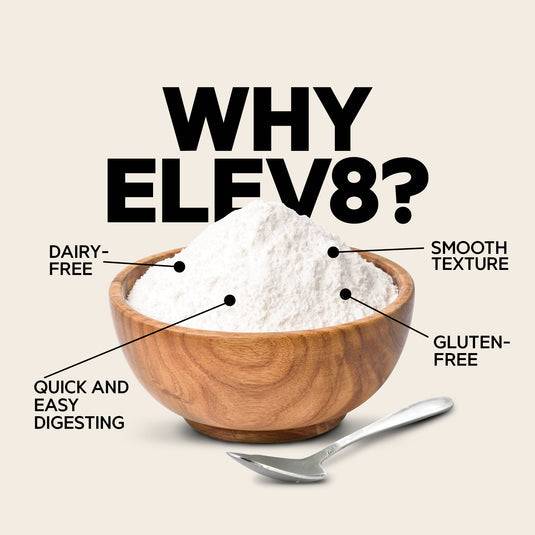 Wooden bowl of ELEV8 Creamy Rice powder with text highlighting gluten-free, dairy-free, smooth texture, and easy digestion benefits.