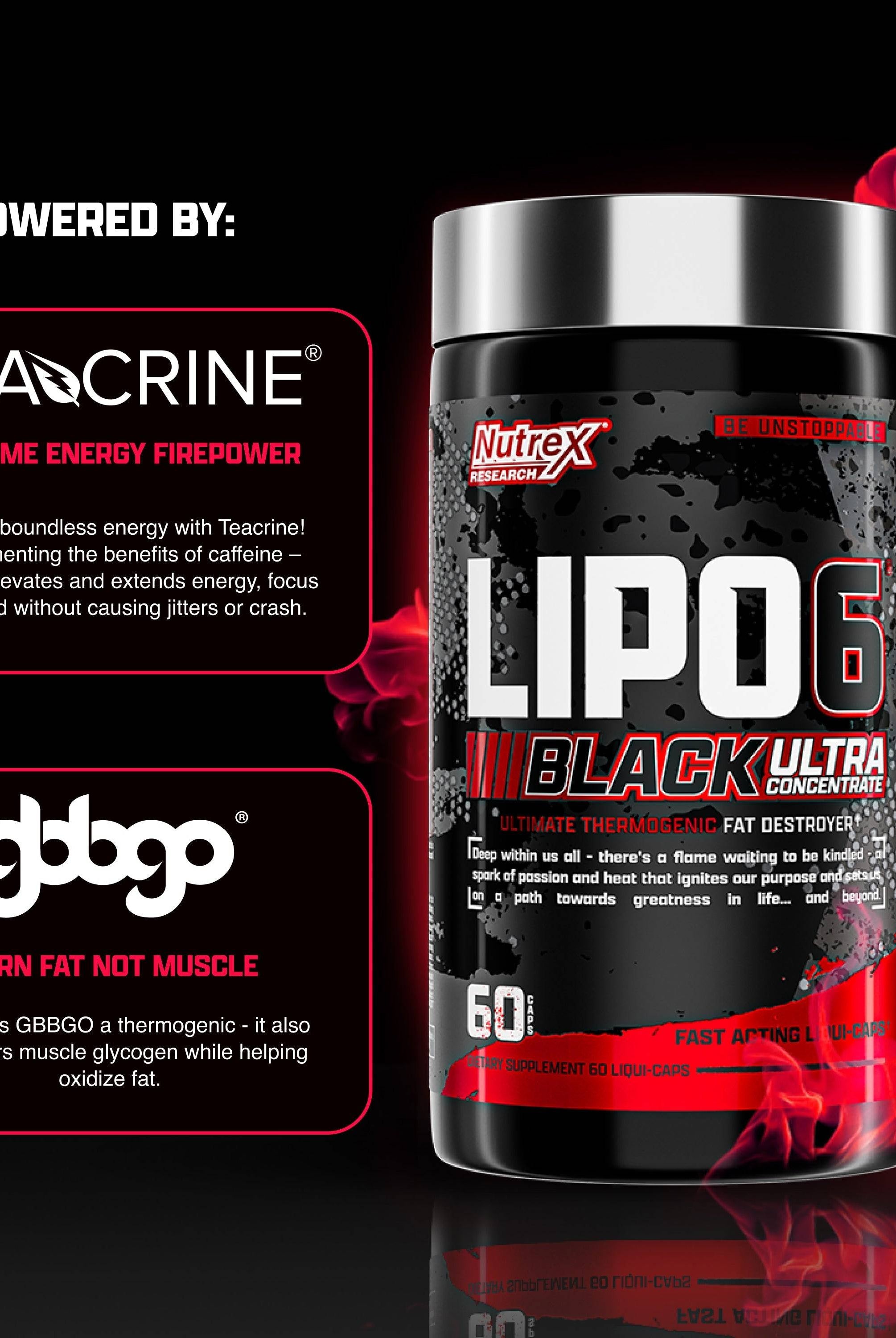Nutrex Lipo6 BLACK Ultra bottle with TeaCrine and GBBGO ingredient highlights. Promotes energy, fat oxidation, and muscle preservation.