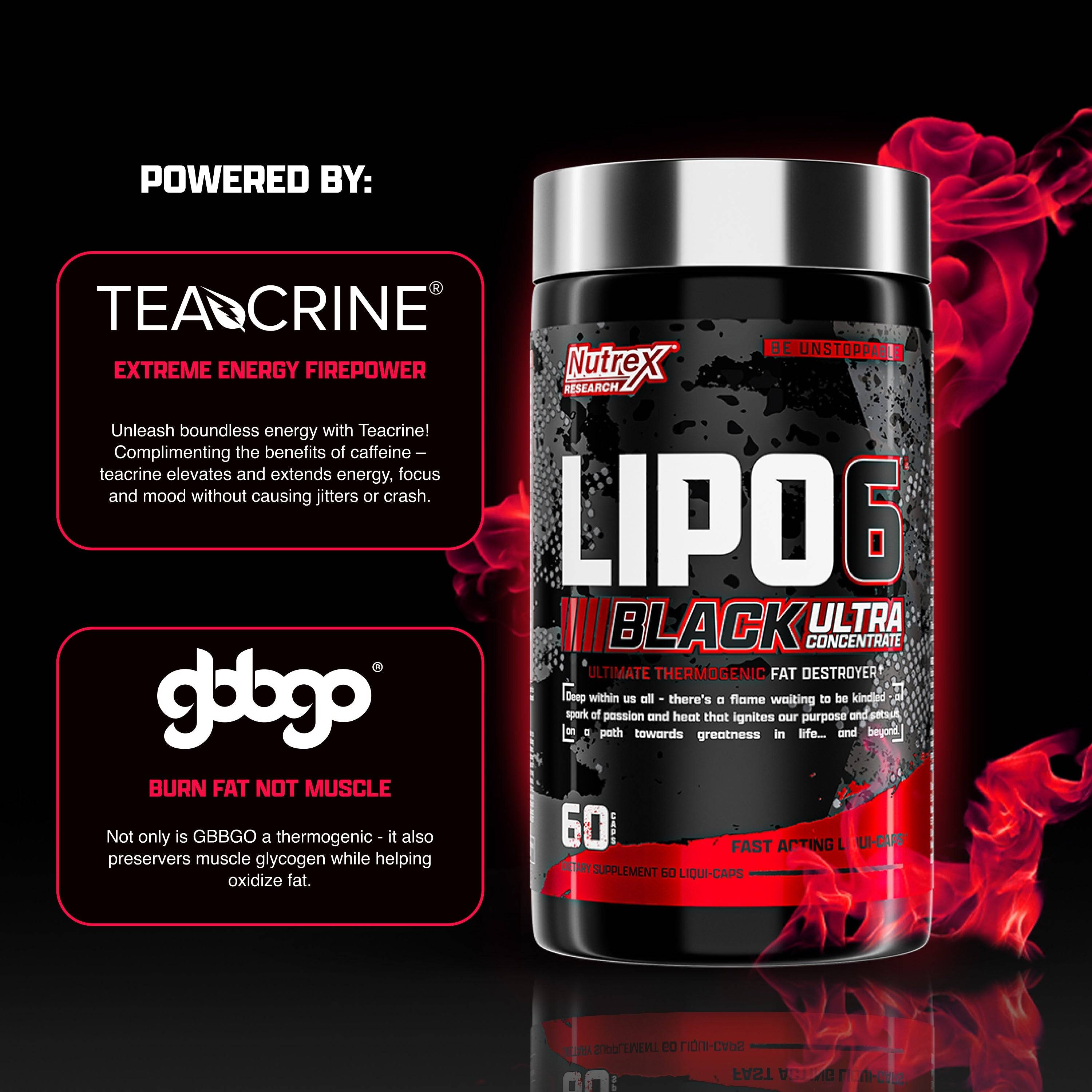 Nutrex Lipo6 BLACK Ultra bottle with TeaCrine and GBBGO ingredient highlights. Promotes energy, fat oxidation, and muscle preservation.