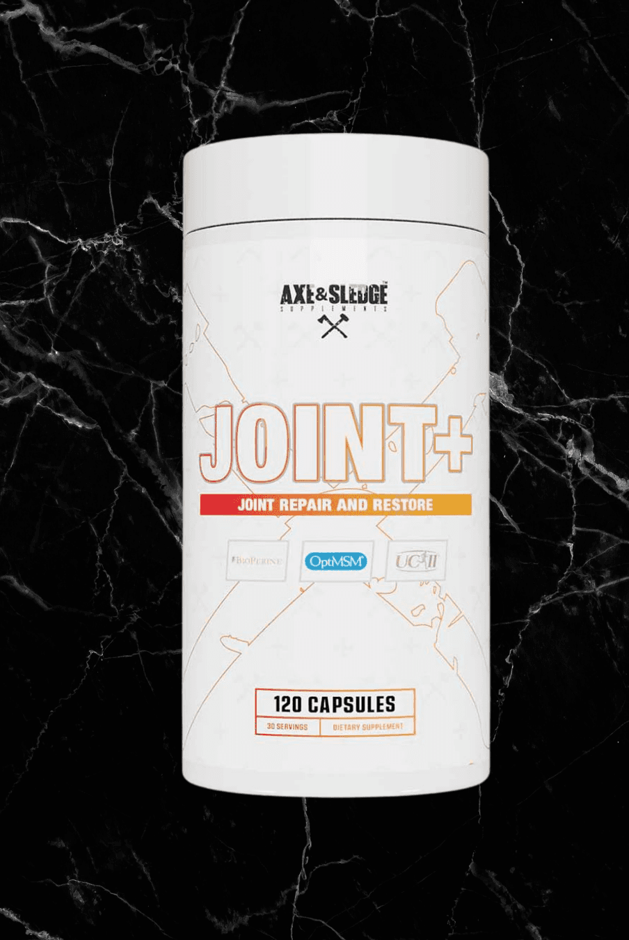 Axe & Sledge Joint+ joint health supplement bottle featuring 120 capsules with UC-II®, OptiMSM®, and BioPerine® for flexibility and mobility support.