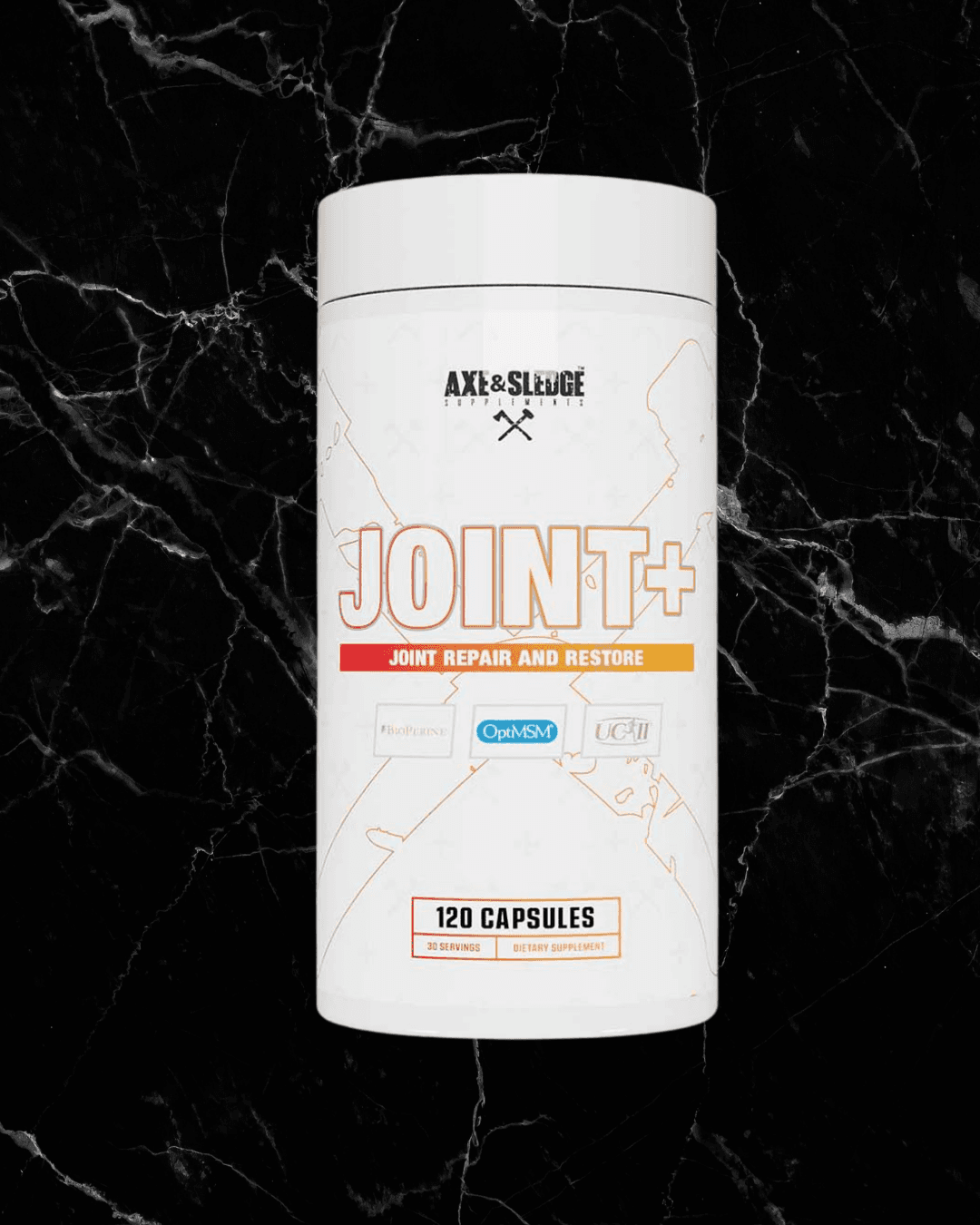 Axe & Sledge Joint+ joint health supplement bottle featuring 120 capsules with UC-II®, OptiMSM®, and BioPerine® for flexibility and mobility support.