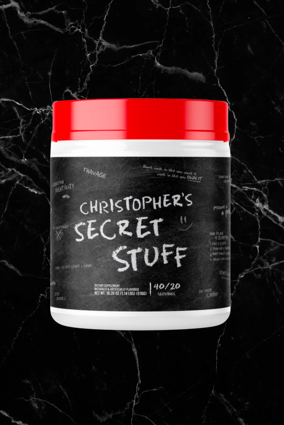 Christopher's Secret Stuff Pre Workout by CBUM with red lid. Unique formula for energy, focus, and hydration before workouts.