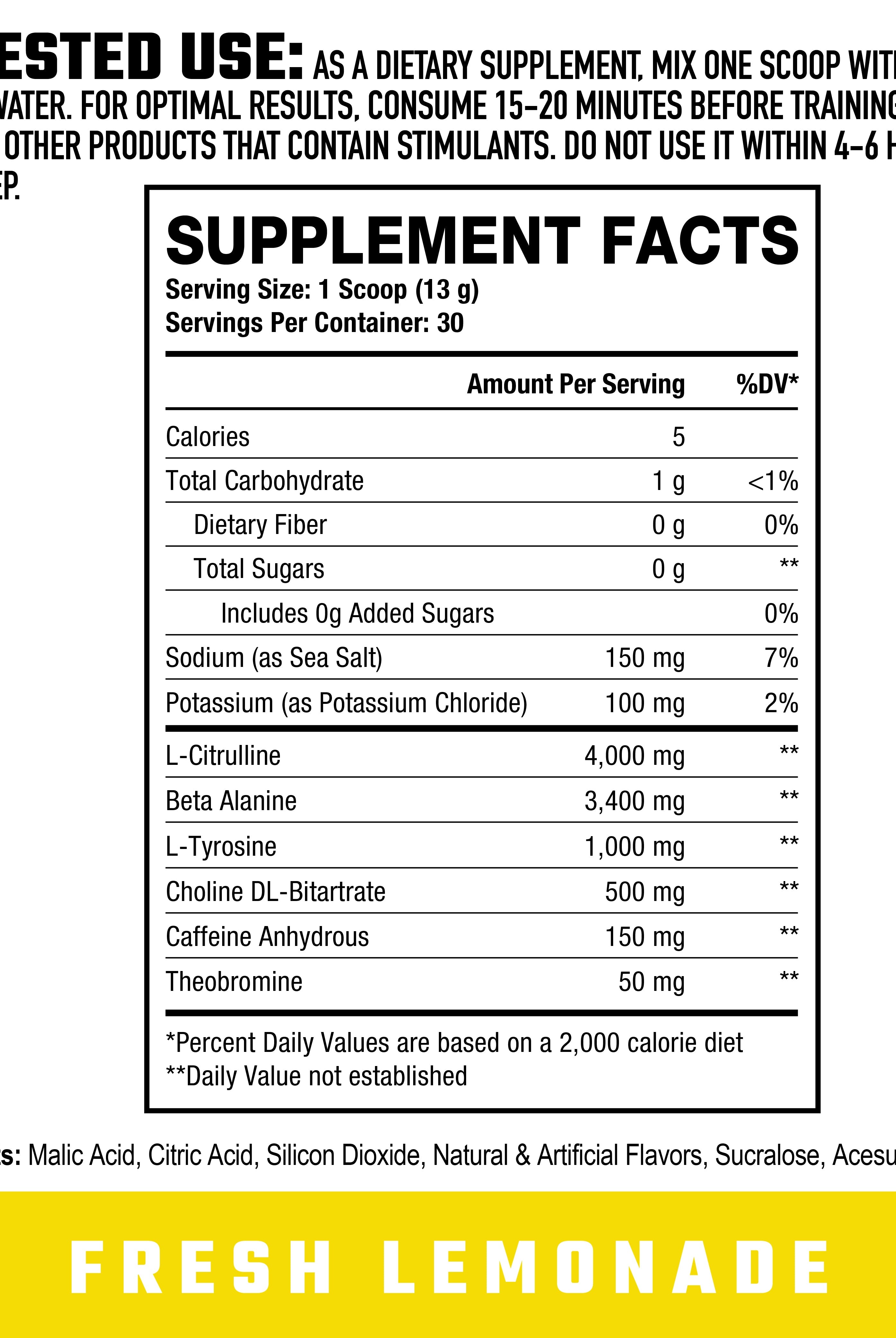 Supplement facts and usage instructions for Axe & Sledge Ignition Switch Pre-Workout Fresh Lemonade, detailing ingredients and recommended dosage.