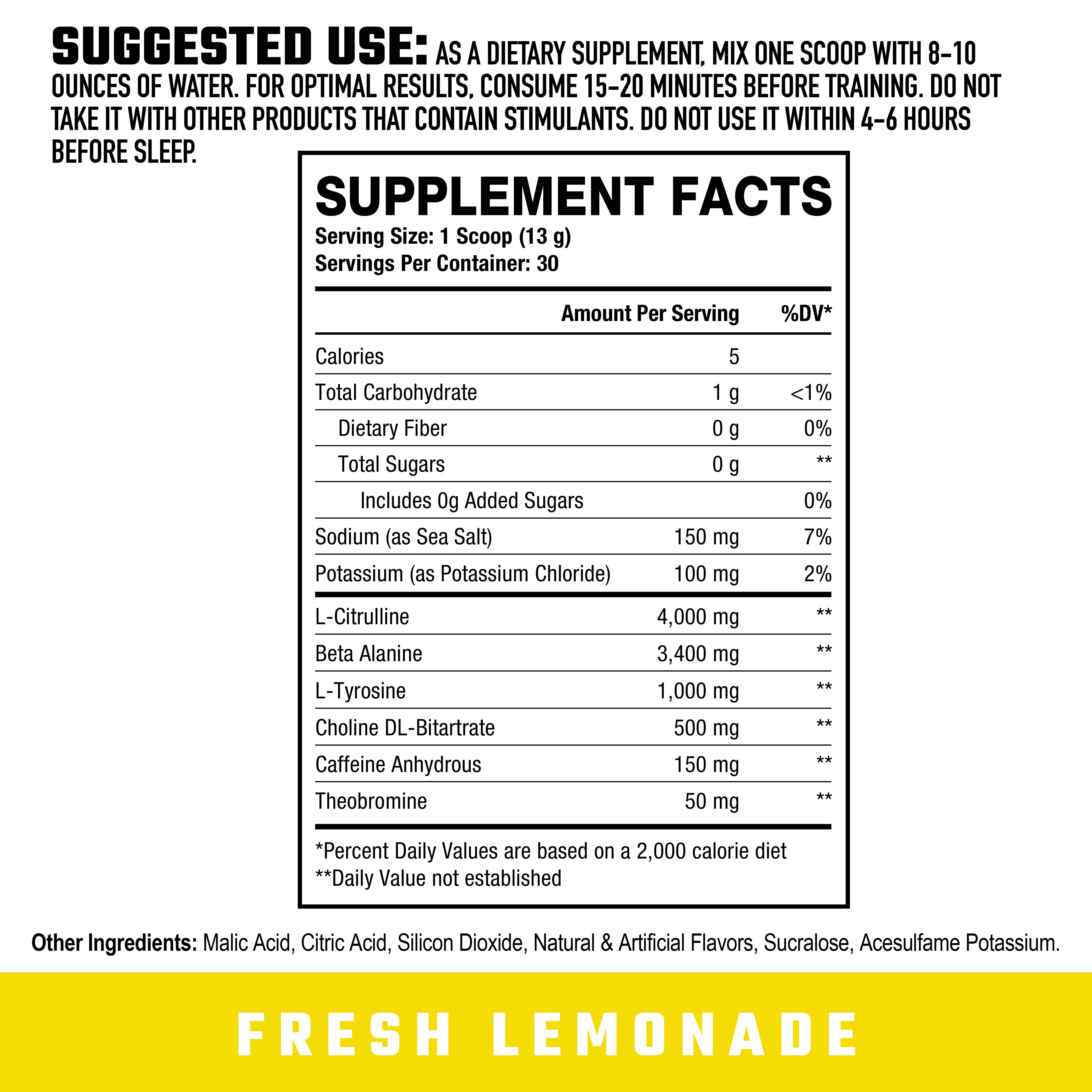 Supplement facts and usage instructions for Axe & Sledge Ignition Switch Pre-Workout Fresh Lemonade, detailing ingredients and recommended dosage.