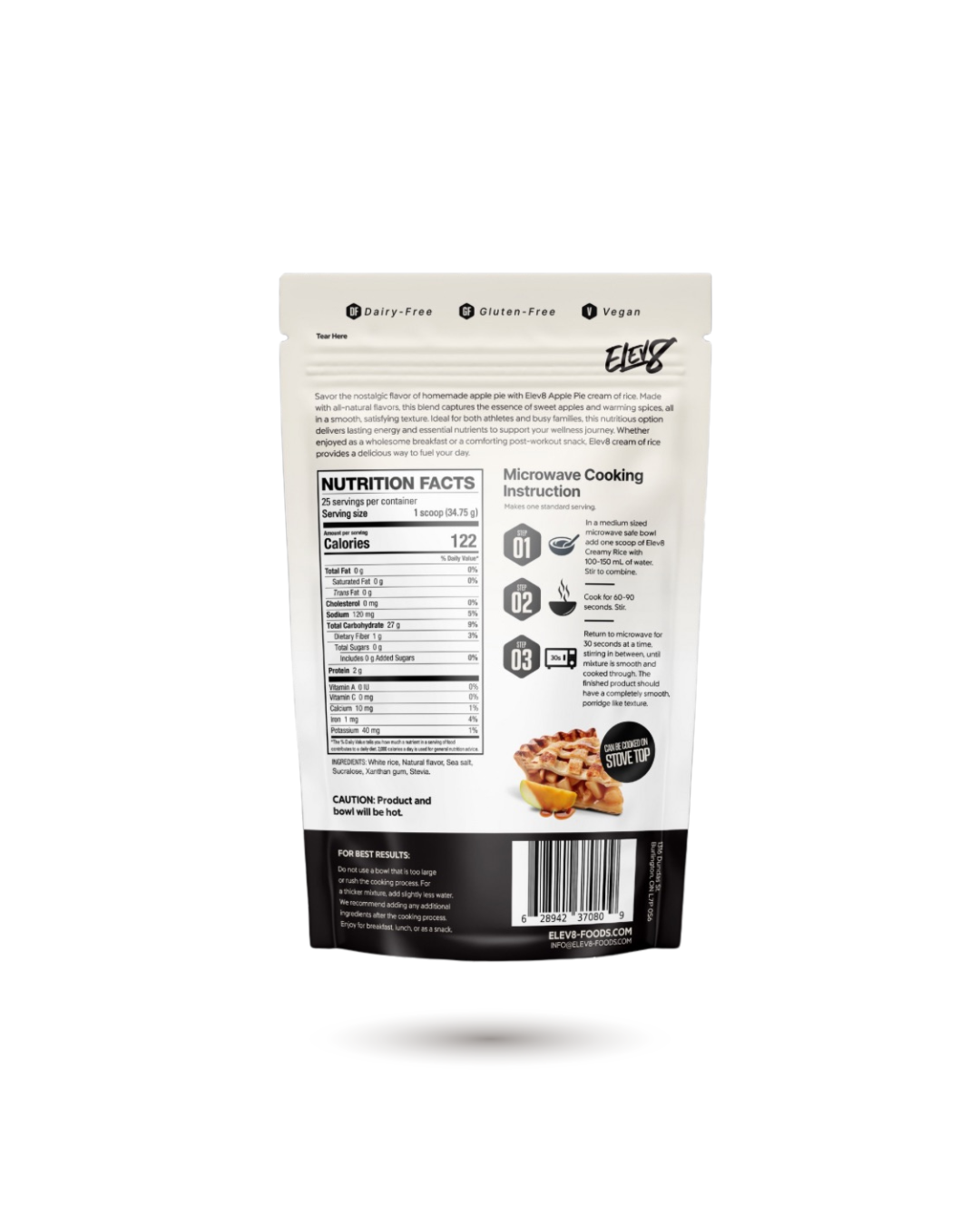 Back of ELEV8 Creamy Rice Apple Pie pouch with detailed nutrition label and prep steps. Gluten-free, quick-fuel snack for workouts.