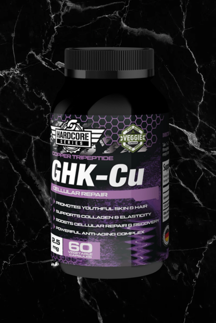 GHK-Cu Capsules by Savageline Labs in black bottle with purple label, designed for youthful skin and anti-aging cellular repair support.