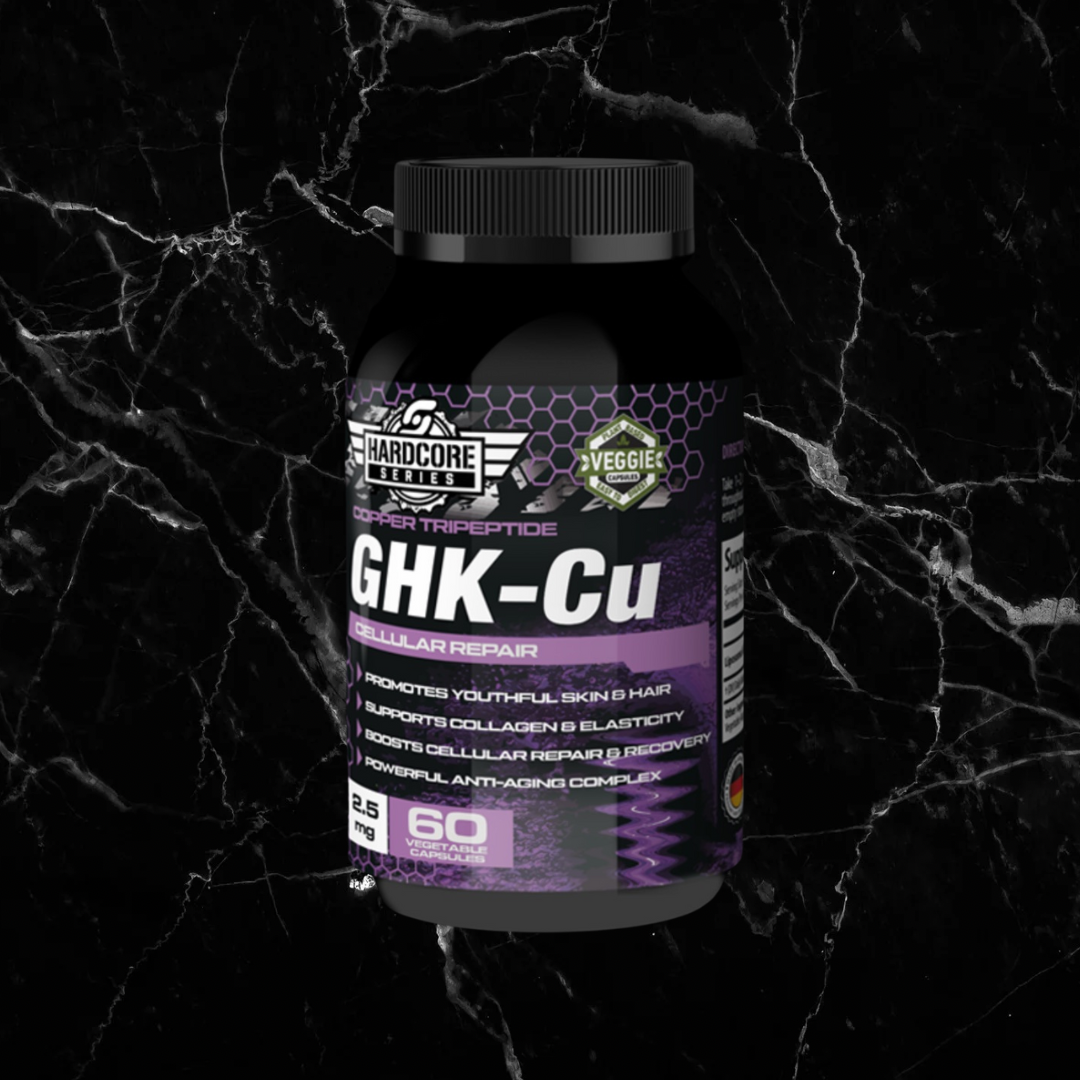 GHK-Cu Capsules by Savageline Labs in black bottle with purple label, designed for youthful skin and anti-aging cellular repair support.