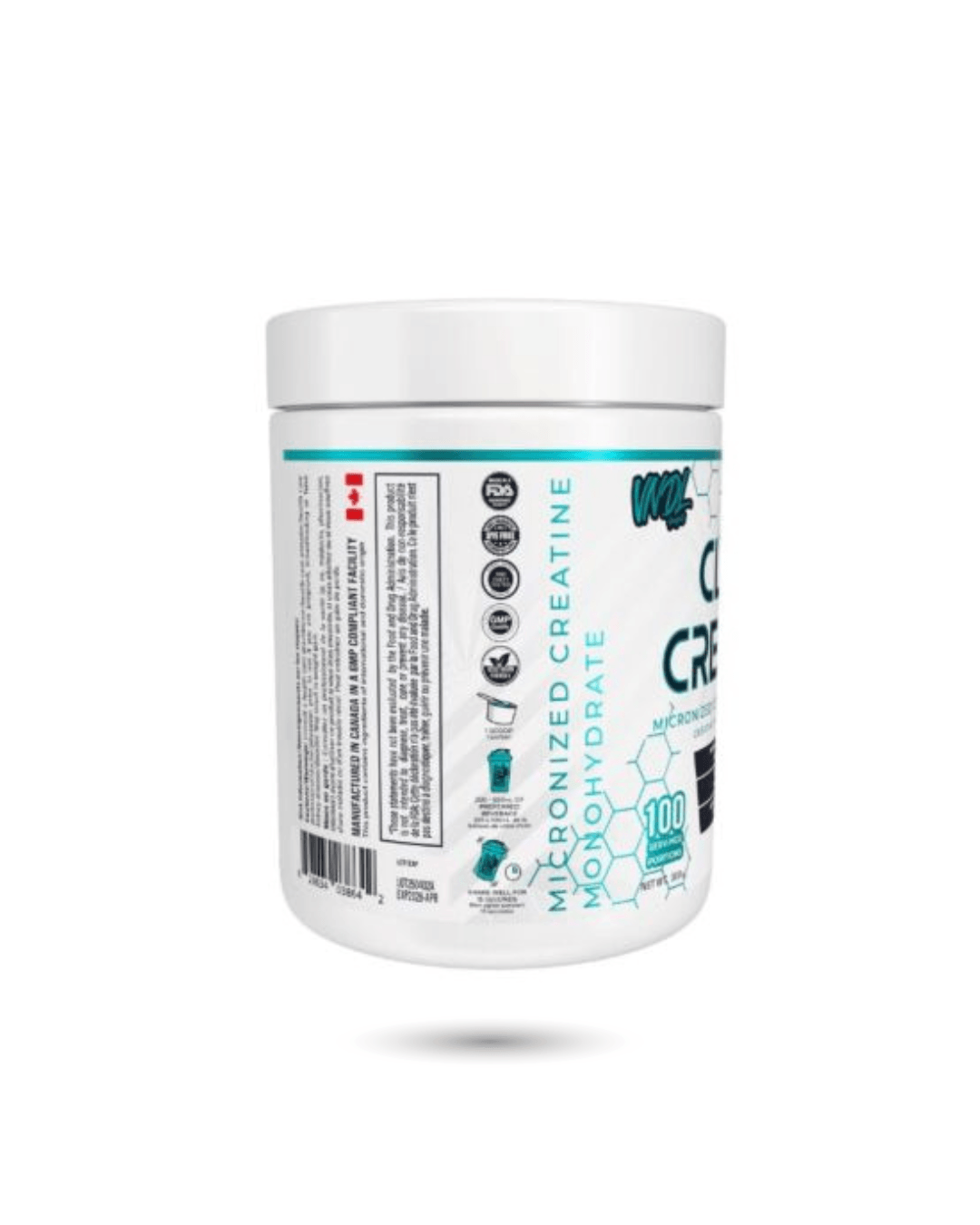 Side view of VNDL Micronized Creatine showing Canadian certification logos and supplement quality assurance for clean creatine monohydrate.