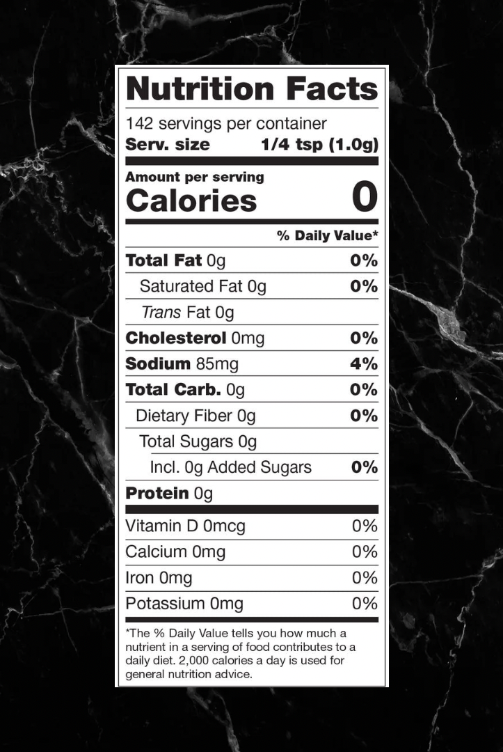 Nutrition facts label for Fiery Sriracha seasoning showing zero calories, fat, sugar, and sodium per 1/4 tsp serving, supporting guilt-free seasoning use.